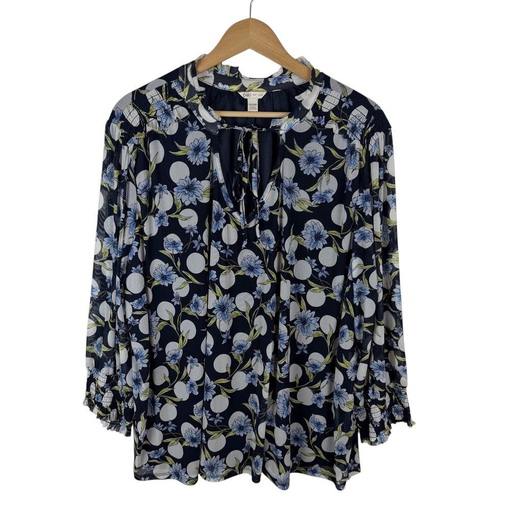 Cato Floral Polka Dot Mesh Tie Neck Blouse Size 26/28W Stretch Cottage Layered